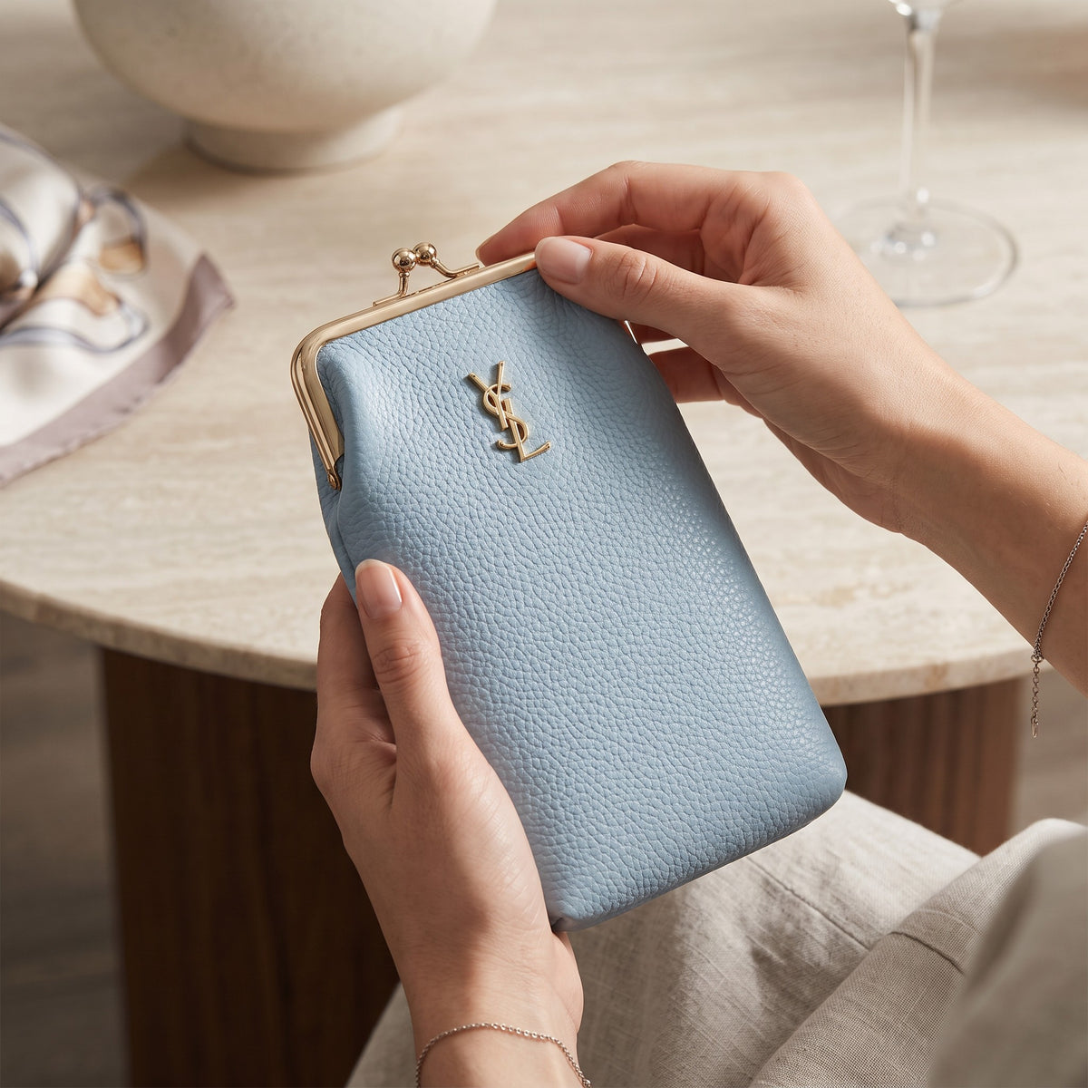 Sky Blue Kiss-Lock Crossbody Wallet lifestyle shot