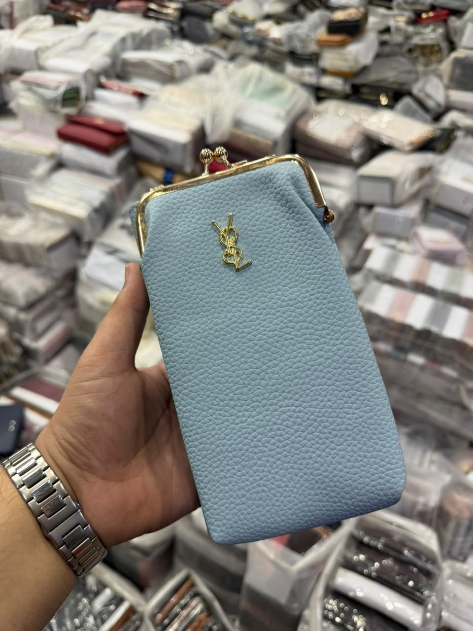 Sky Blue Kiss-Lock Wallet front view with gold monogram clasp