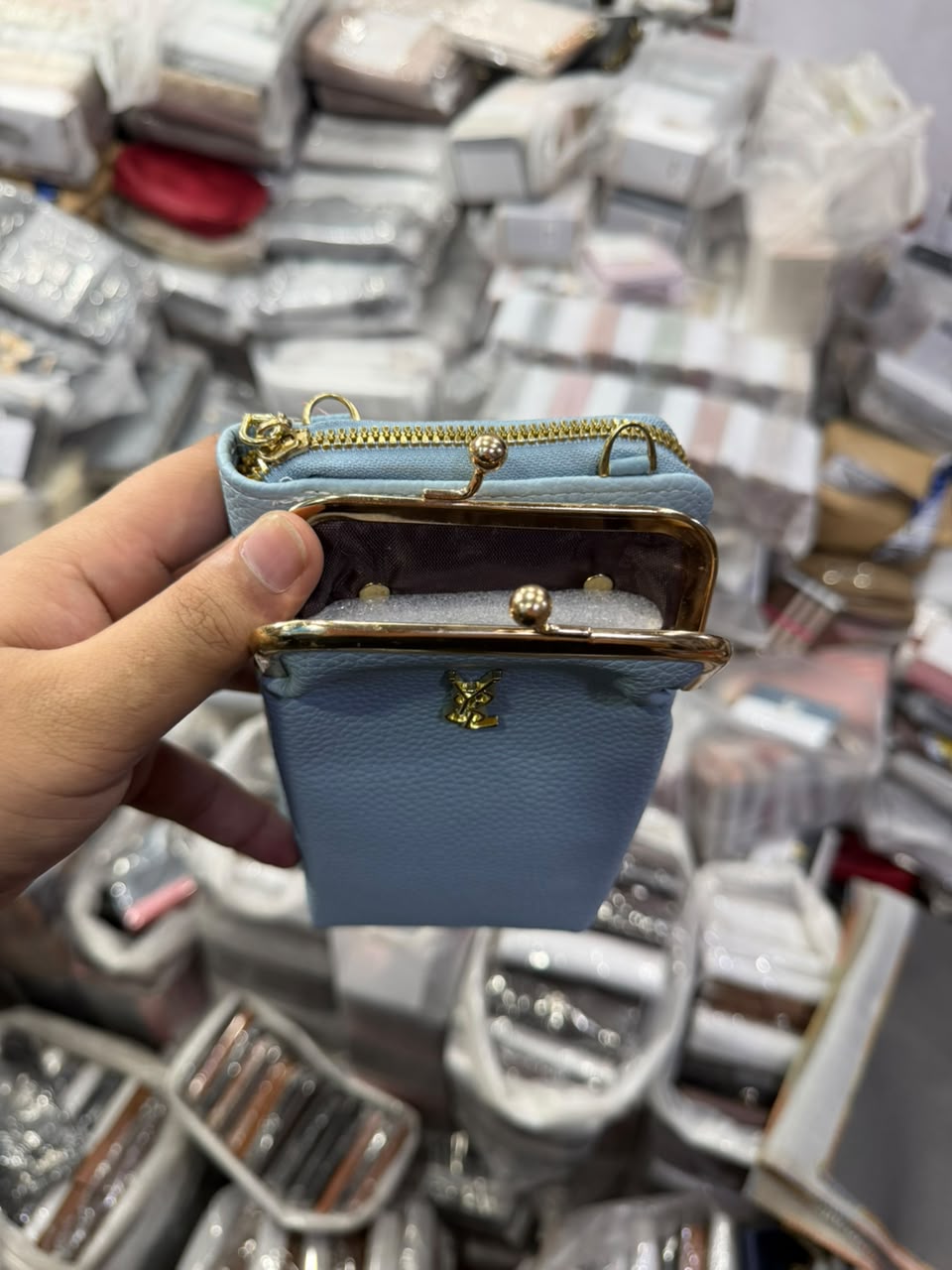 Sky Blue Kiss-Lock Wallet dual clasp open view