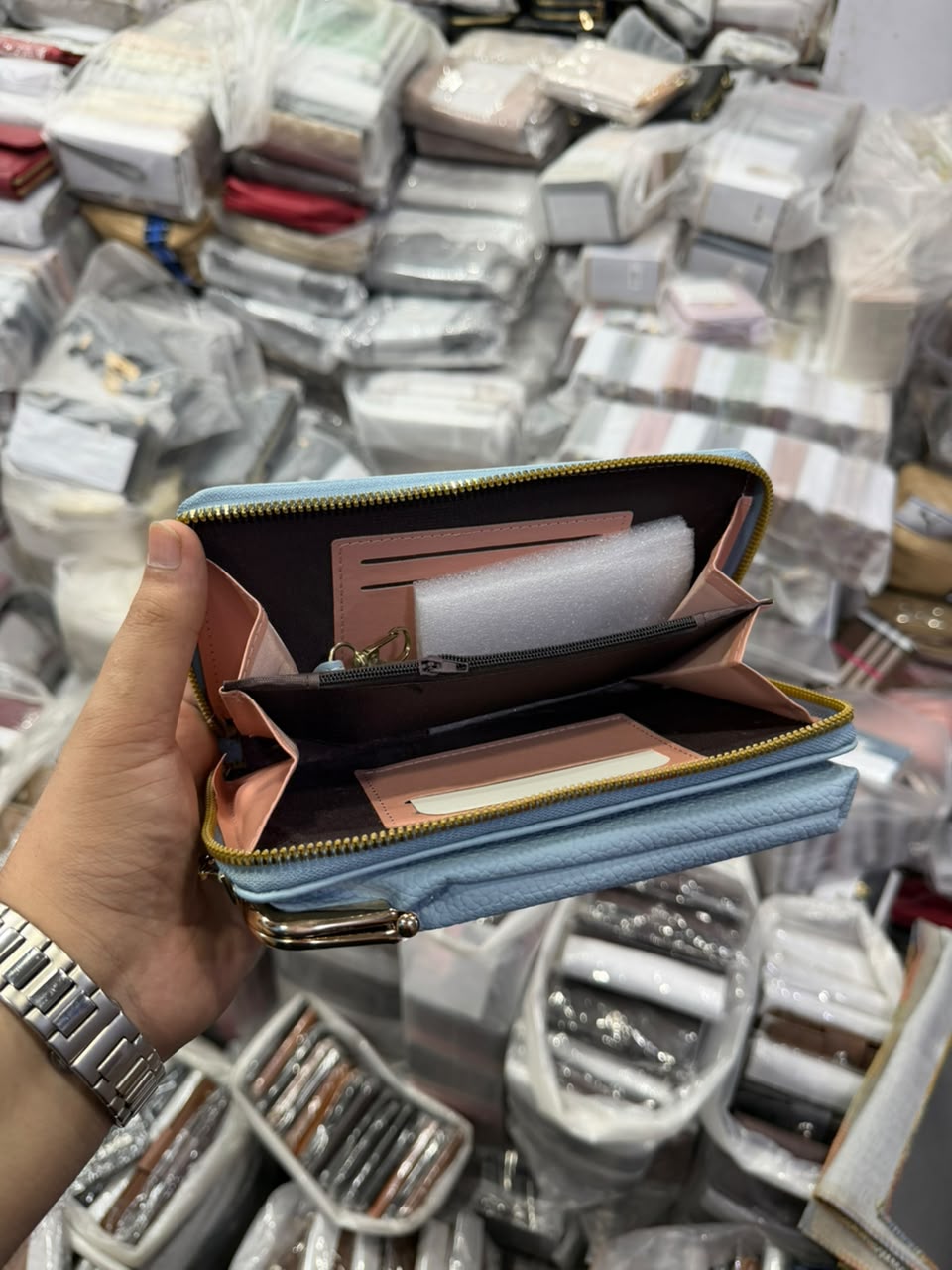 Sky Blue Kiss-Lock Wallet interior card slots and compartments