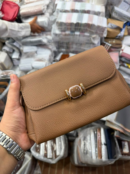 Camel Flap Bag front view with gold square clasp
