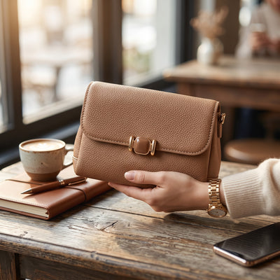 Camel Pebbled Leather Flap Crossbody Bag lifestyle shot at cafe