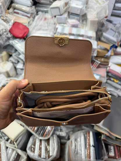 Camel Flap Bag interior open view with compartments and zipper
