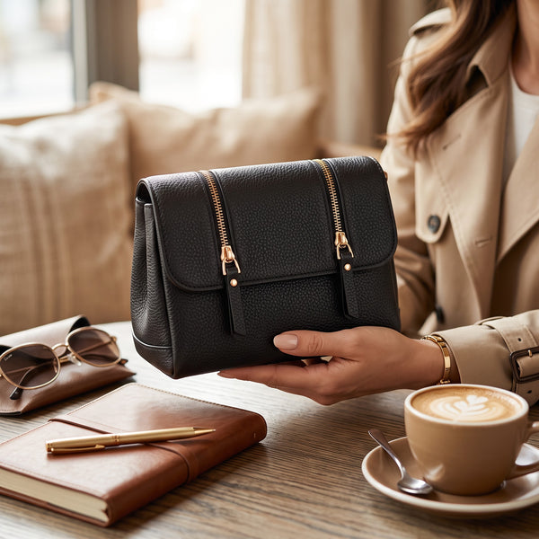 Black Pebbled Leather Dual-Zip Crossbody Bag luxury lifestyle shot at cafe