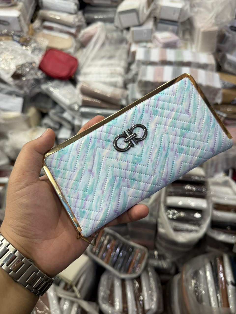 Pastel Quilted Wallet front view with gunmetal double-G clasp