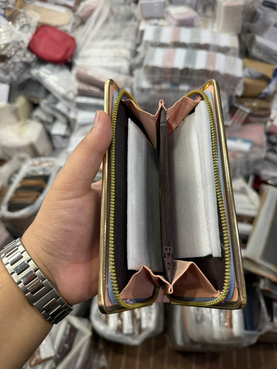 Pastel Quilted Wallet open view showing fan card slots and zipper pocket
